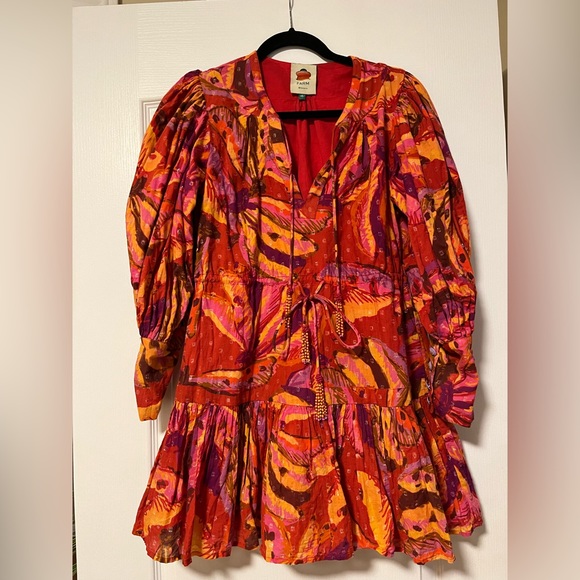 FARM Rio red banana print mini puff sleeve dress, XS, adjustable waist - Picture 2 of 8